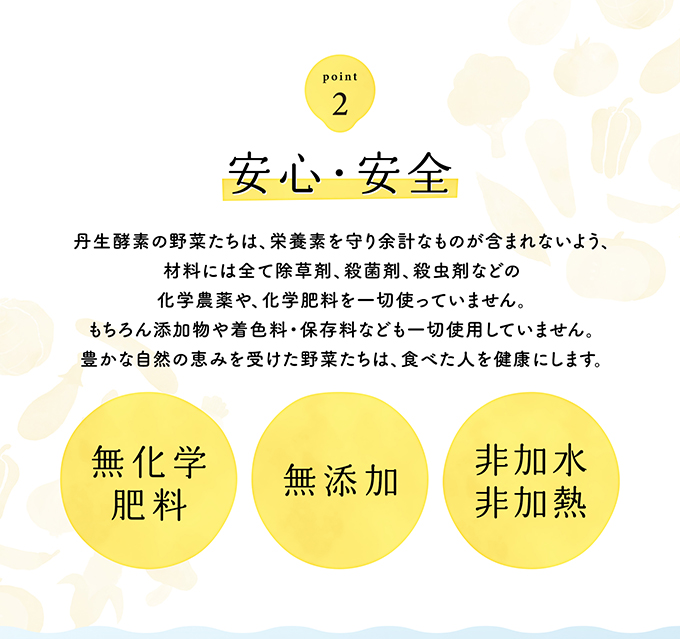 Point2 安心・安全 丹生酵素の野菜たちは、栄養素を守り余計なものが含まれないよう、材料には全て除草剤、殺菌剤、殺虫剤などの化学農薬や、化学肥料を一切使っていません。もちろん添加物や着色料・保存料なども一切使用していません。豊かな自然の恵みを受けた野菜たちは、食べた人を健康にします。 無化学肥料 無添加 非加水 非加熱