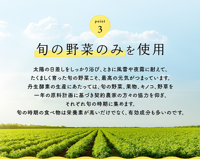 Point3 旬の野菜のみを使用 太陽の日差しをしっかり浴び、ときに風雷や夜露に耐えて、たくましく育った旬の野菜こそ、最高の元気がつまっています。丹生酵素の生産にあたっては、旬の野菜、果物、キノコ、野草を一年の原料計画に基づき契約農家の方々の協力を仰ぎ、それぞれ旬の時期に集めます。旬の時期の食べ物は栄養素が高いだけでなく、有効成分も多いのです。