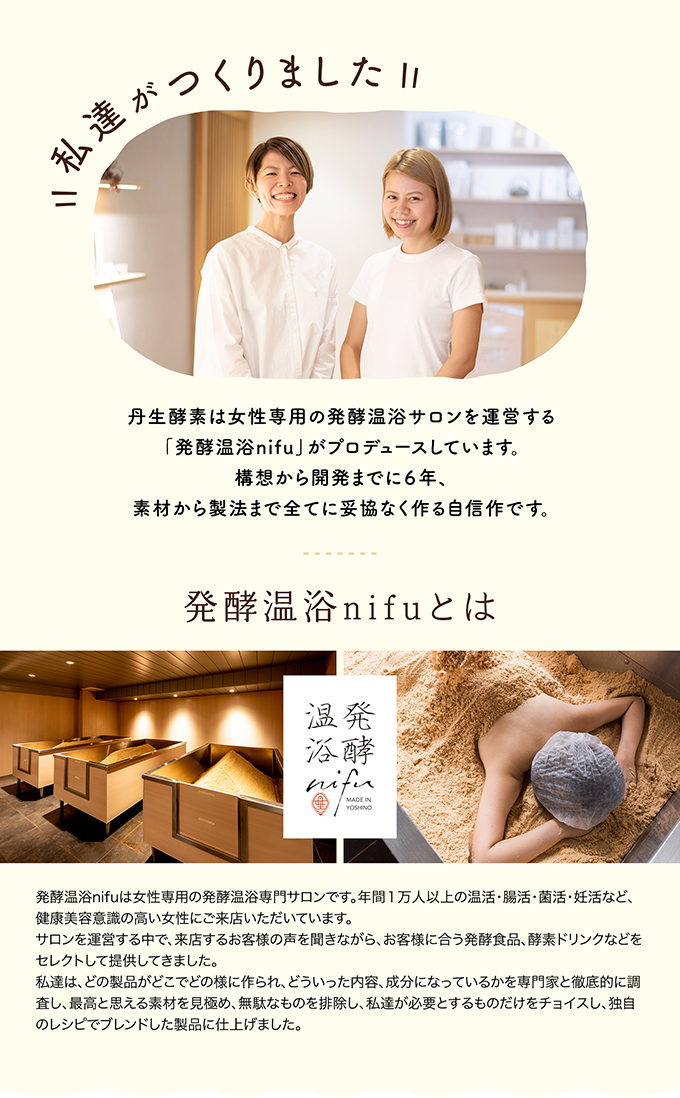 私達がつくりました 丹生酵素は女性専用の発酵温浴サロンを運営する「発酵温浴nifu」がプロデュースしています。構想から開発までに６年、素材から製法まで全てに妥協なく作る自信作です。 発酵温浴nifuとは 発酵温浴nifuは女性専用の発酵温浴専門サロンです。年間１万人以上の温活・腸活・菌活・妊活など、健康美容意識の高い女性にご来店いただいています。サロンを運営する中で、来店するお客様の声を聞きながら、お客様に合う発酵食品、酵素ドリンクなどをセレクトして提供してきました。私達は、どの製品がどこでどの様に作られ、どういった内容、成分になっているかを専門家と徹底的に調査し、最高と思える素材を見極め、無駄なものを排除し、私達が必要とするものだけをチョイスし、独自のレシピでブレンドした製品に仕上げました。